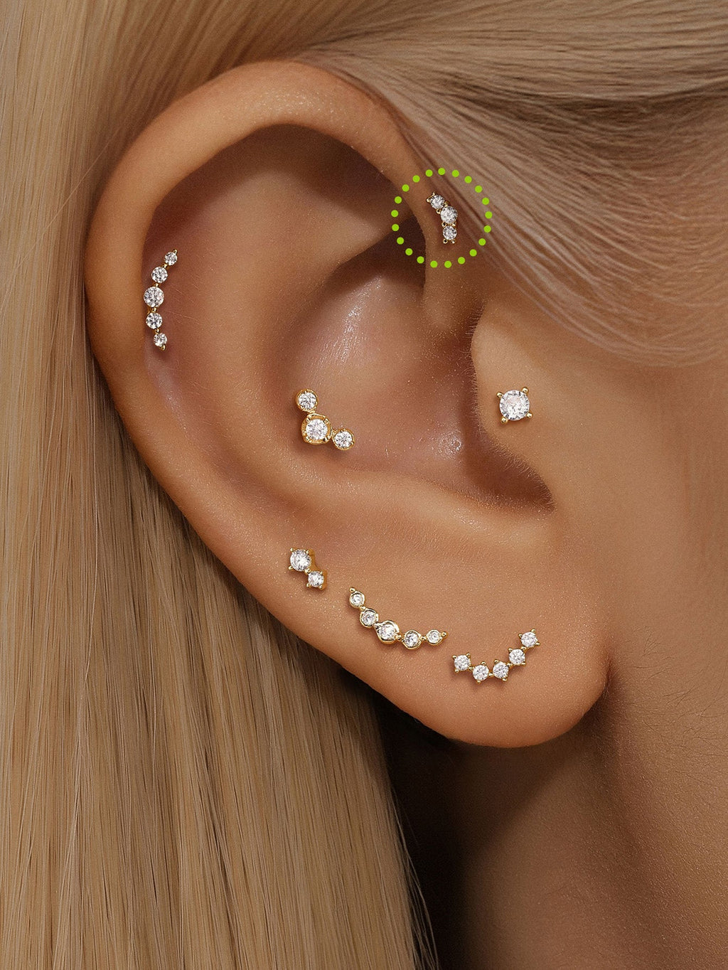 14K Solid Gold Pave Curved Ear Stud for Piercing