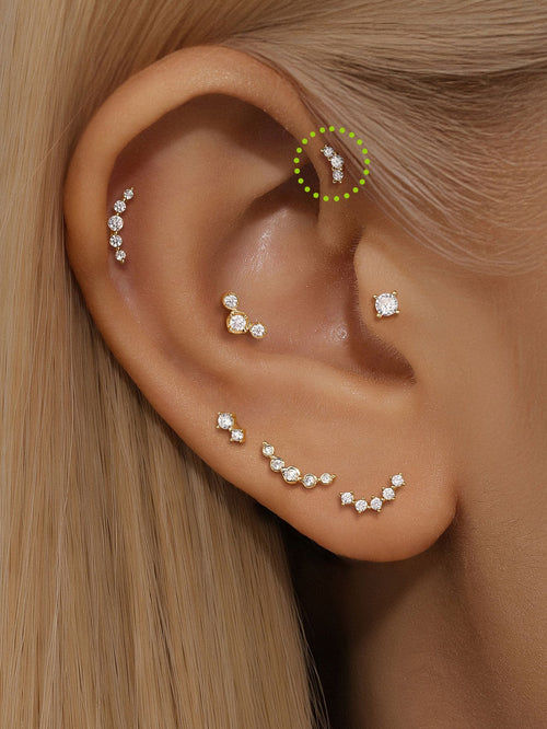 14K Solid Gold Pave Curved Ear Stud for Piercing