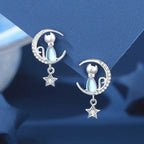 Zirconia-Studded Sterling Silver Earrings Featuring Cat, Moon, and Star Design
