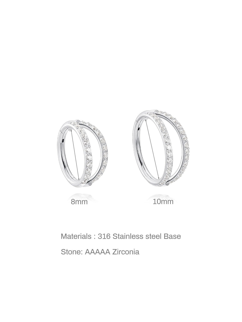5A CZ Double Hoop Cartilage Earring - Titanium Waterproof in Various Sizes - 16g