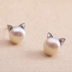 Pearl Earrings with Sterling Silver Cat Design