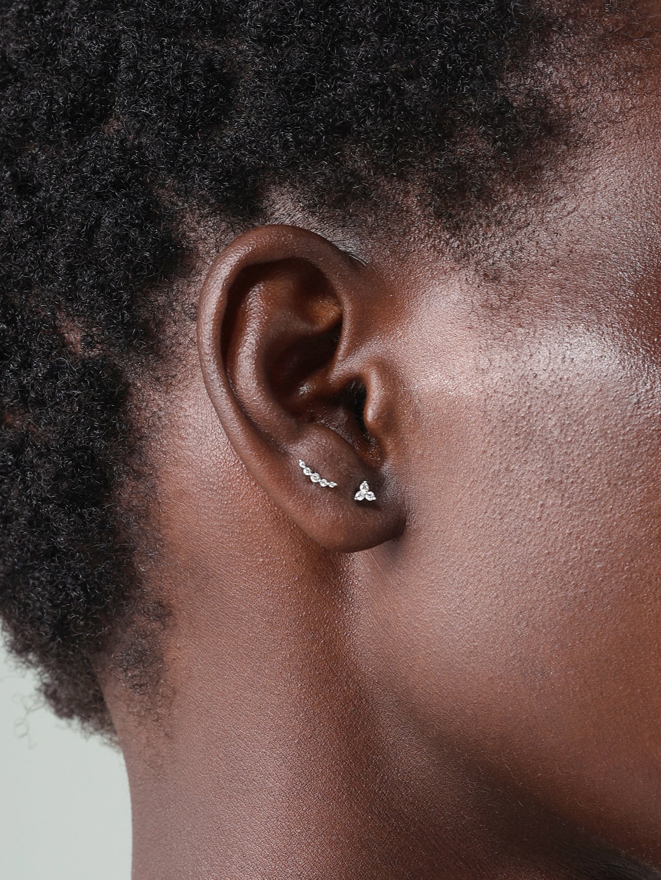 14K Solid Gold Pave Crescent Ear Stud for Piercing