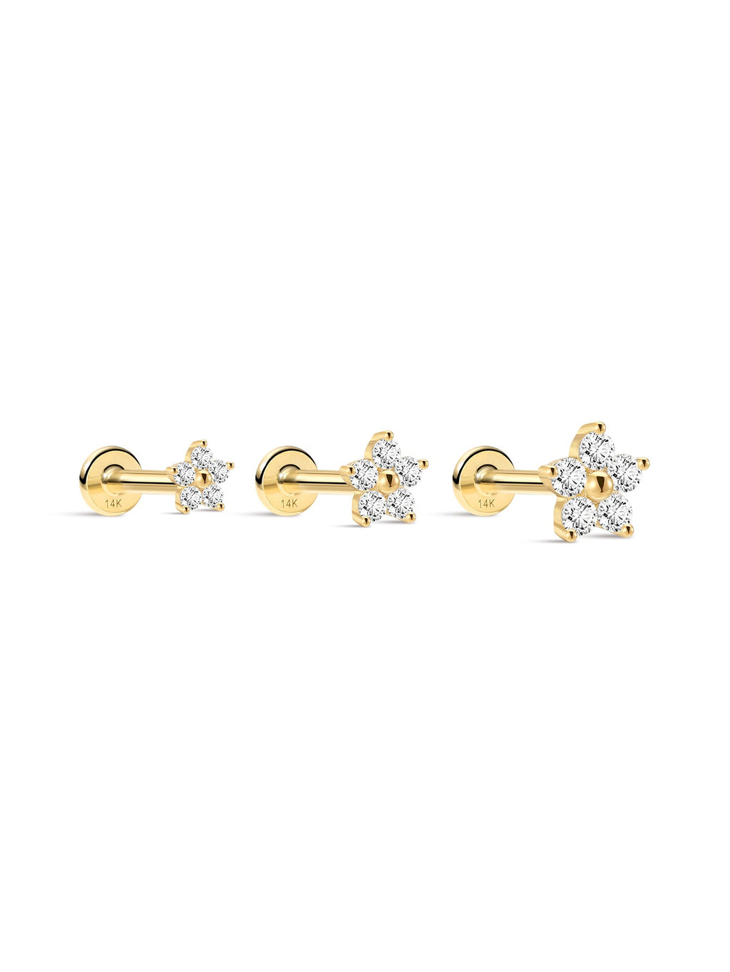 14K Solid Gold Flower Flat Back Threaded Stud Earring