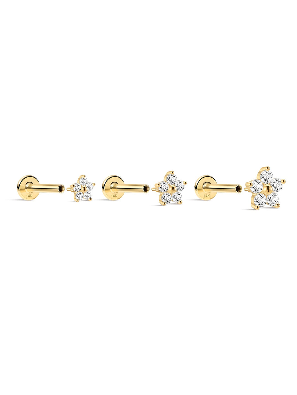 14K Solid Gold Flower Flat Back Threaded Stud Earring
