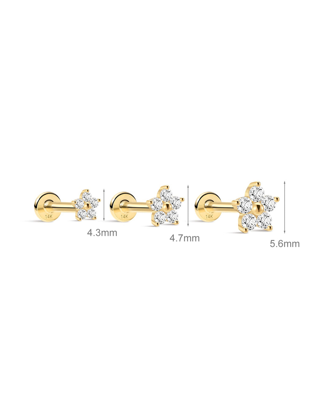 14K Solid Gold Flower Flat Back Threaded Stud Earring