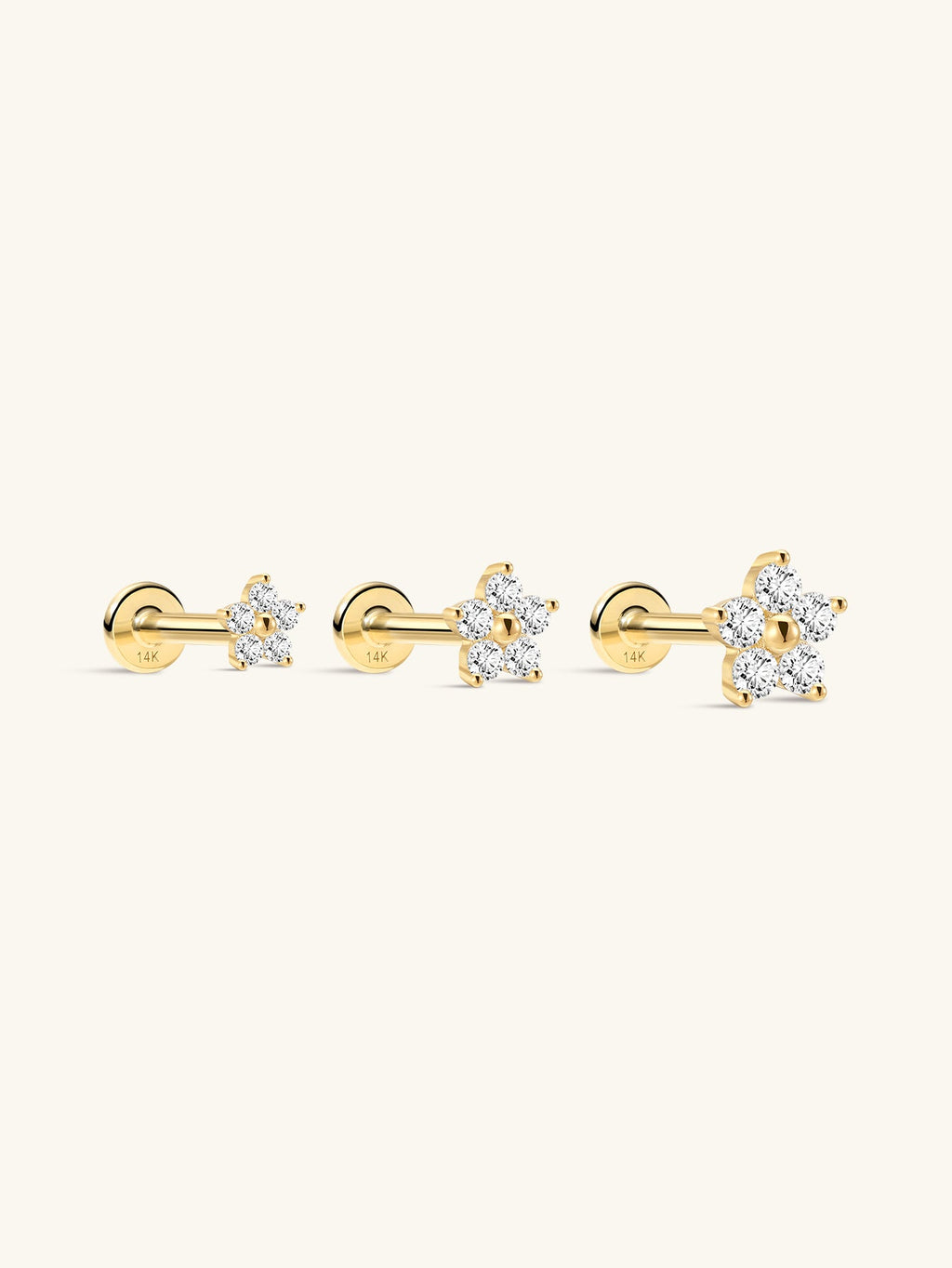 14K Solid Gold Flower Flat Back Threaded Stud Earring