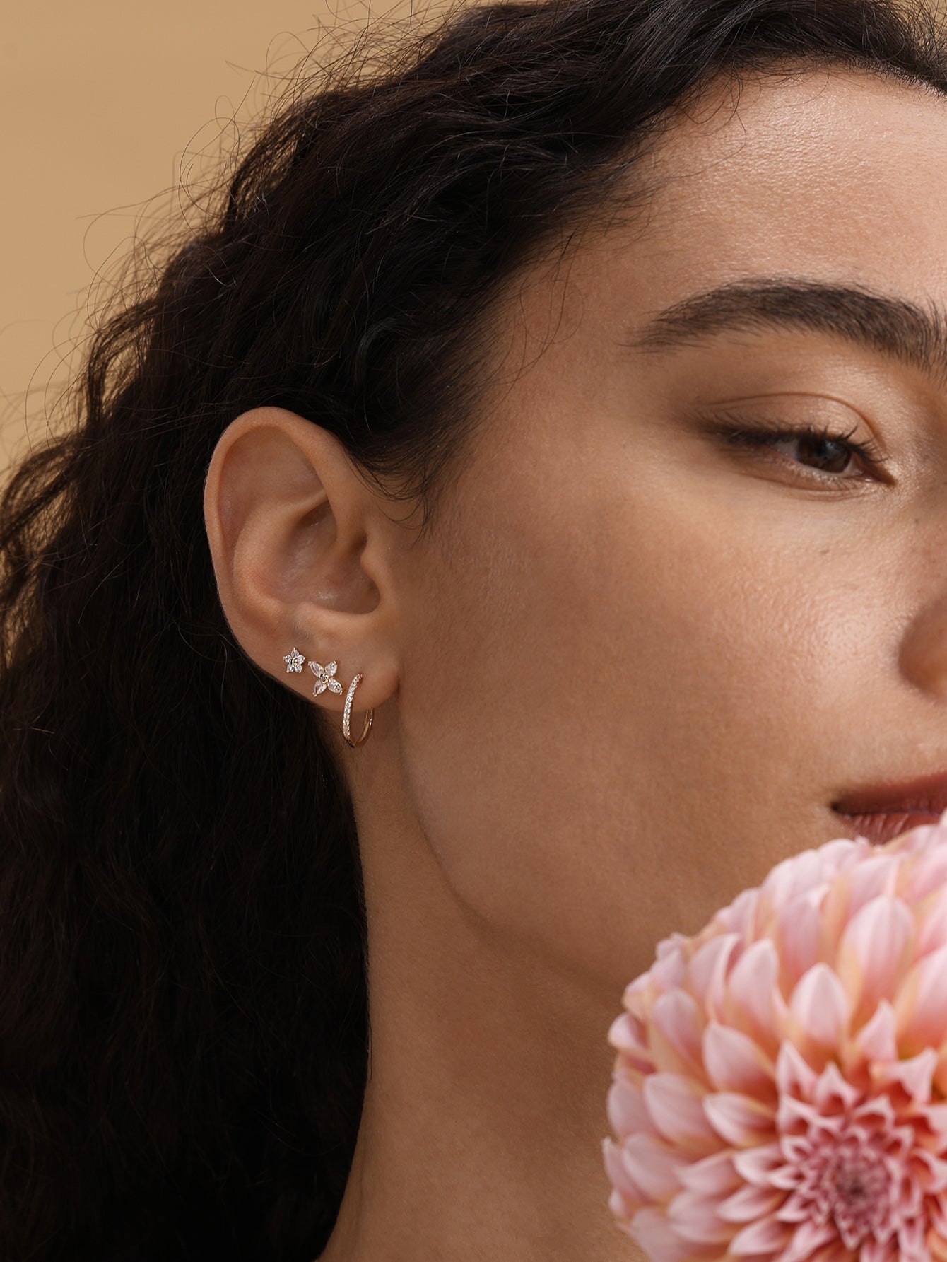 14K Solid Gold Flower Flat Back Threaded Stud Earring