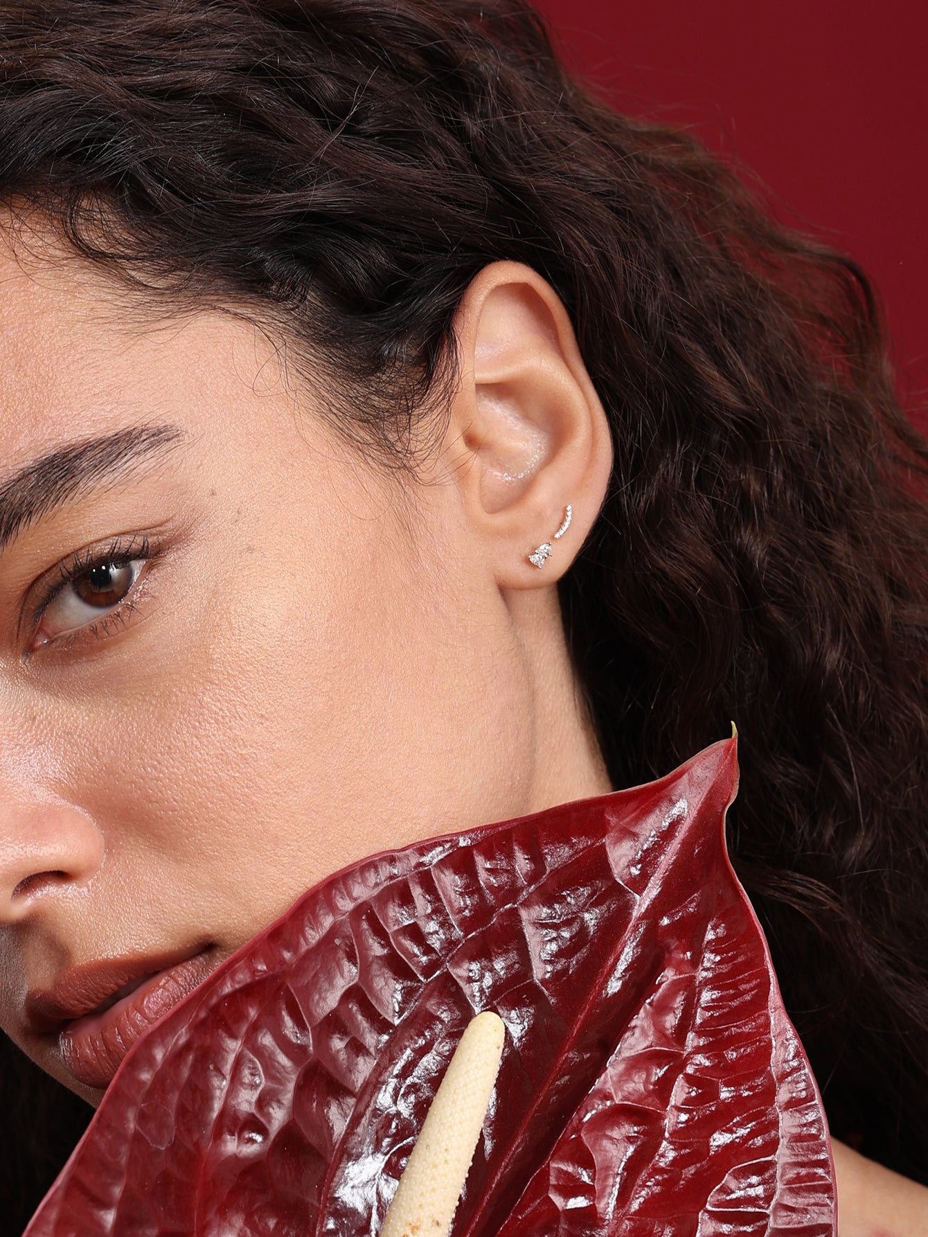 14K Solid Gold Pave Crescent Ear Stud for Piercing