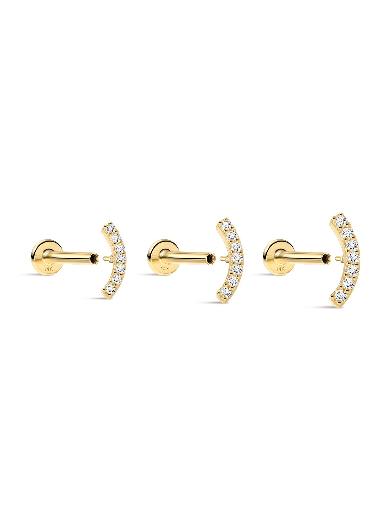14K Solid Gold Paved Crescent Ear Stud for Piercing