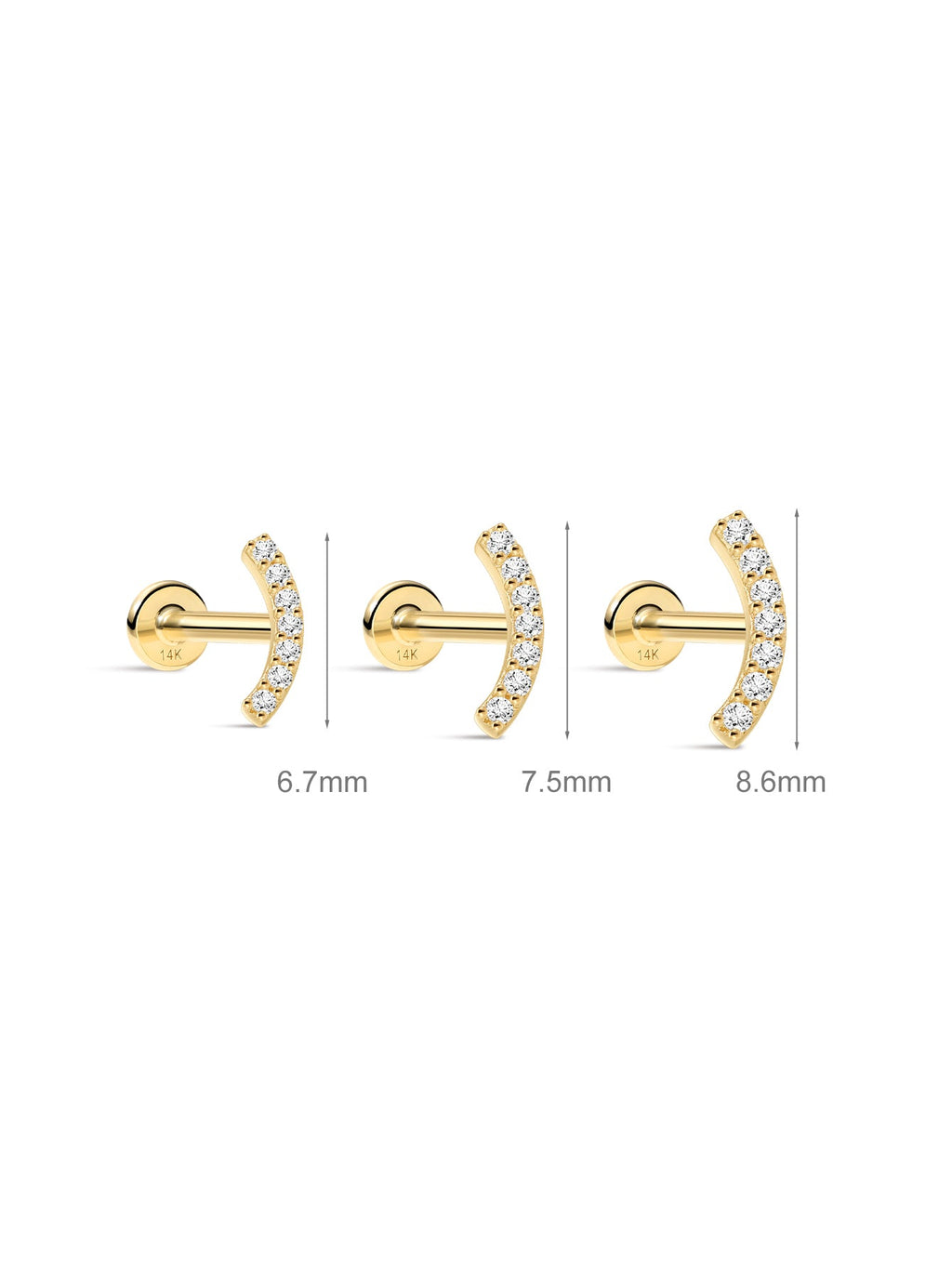 14K Solid Gold Paved Crescent Ear Stud for Piercing