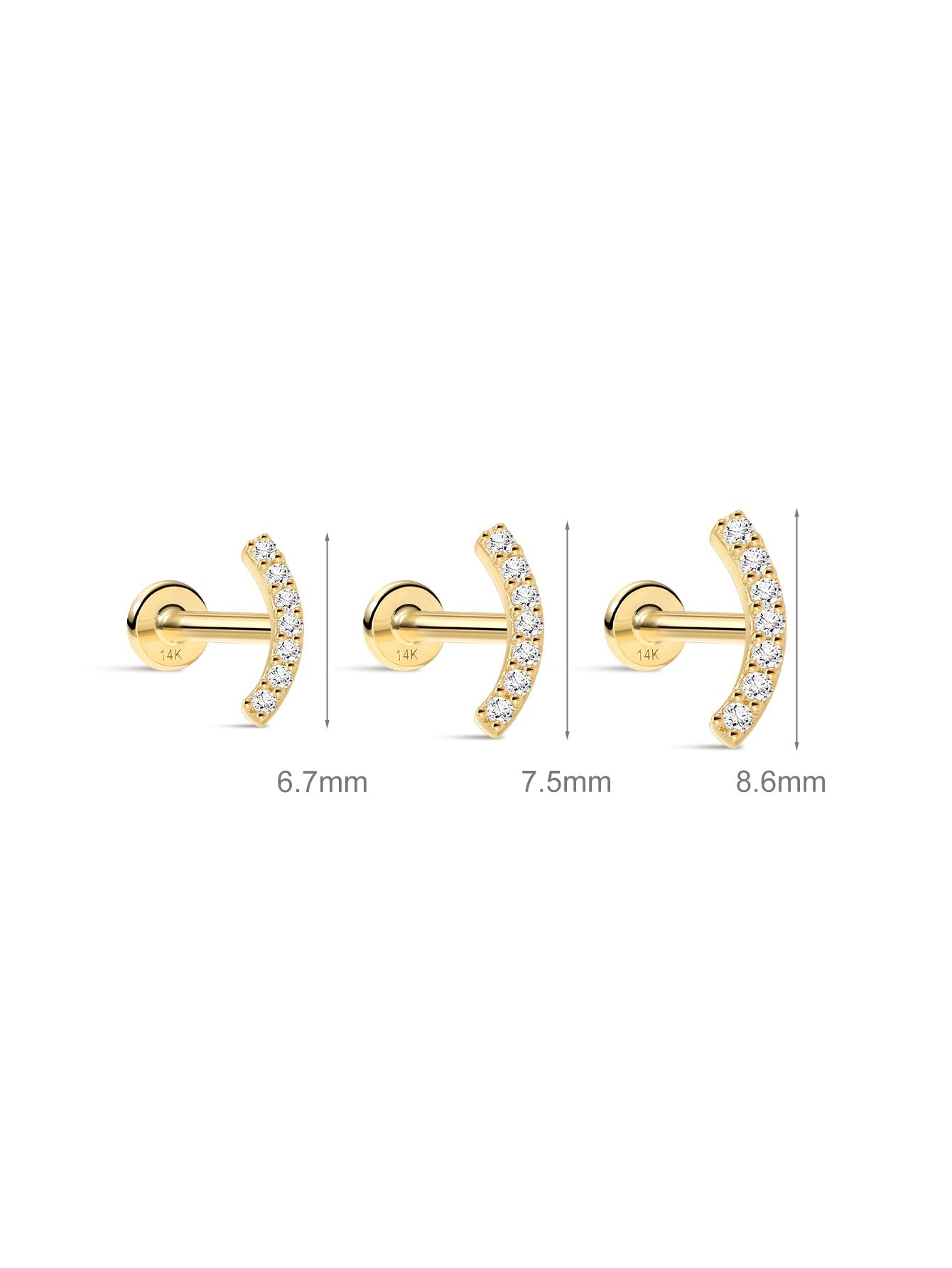 14K Solid Gold Paved Crescent Ear Stud for Piercing