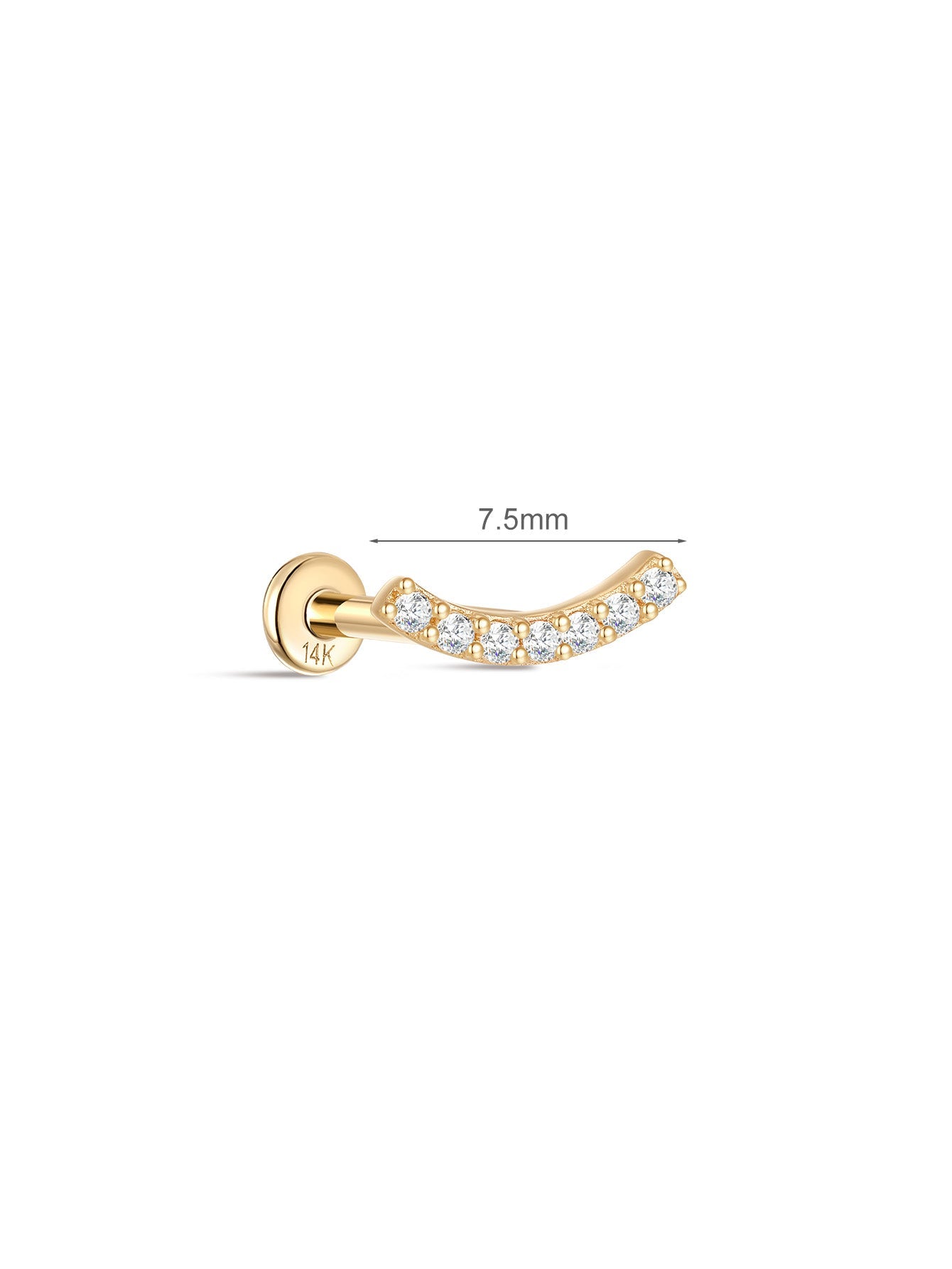 14K Solid Gold Pave Crescent Ear Stud for Piercing