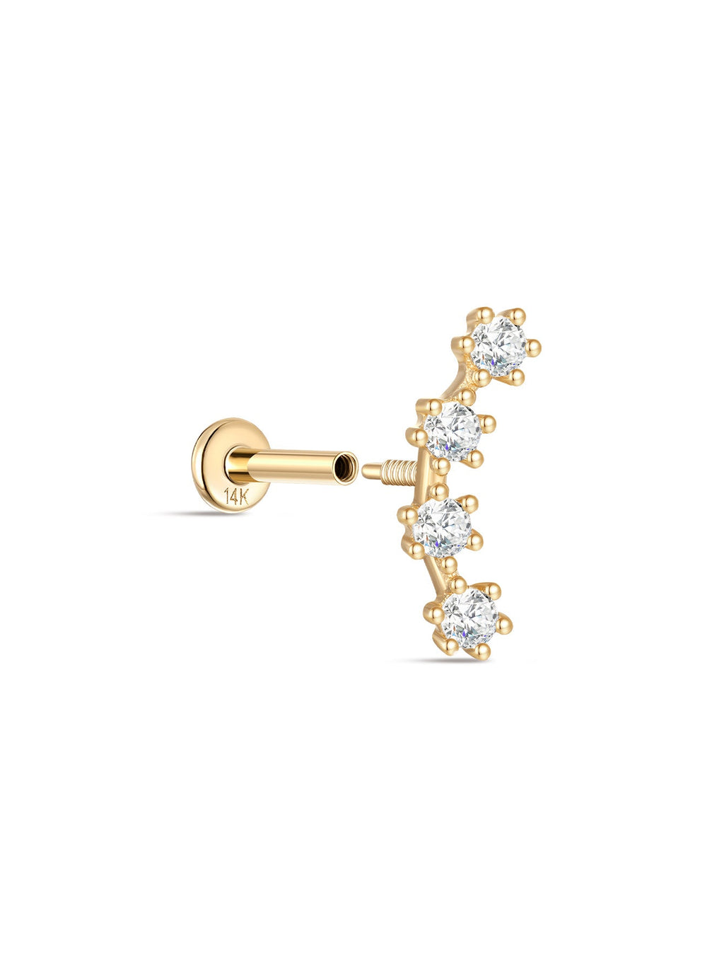 14K Solid Gold Curved Zircon Ear Piercing Stud