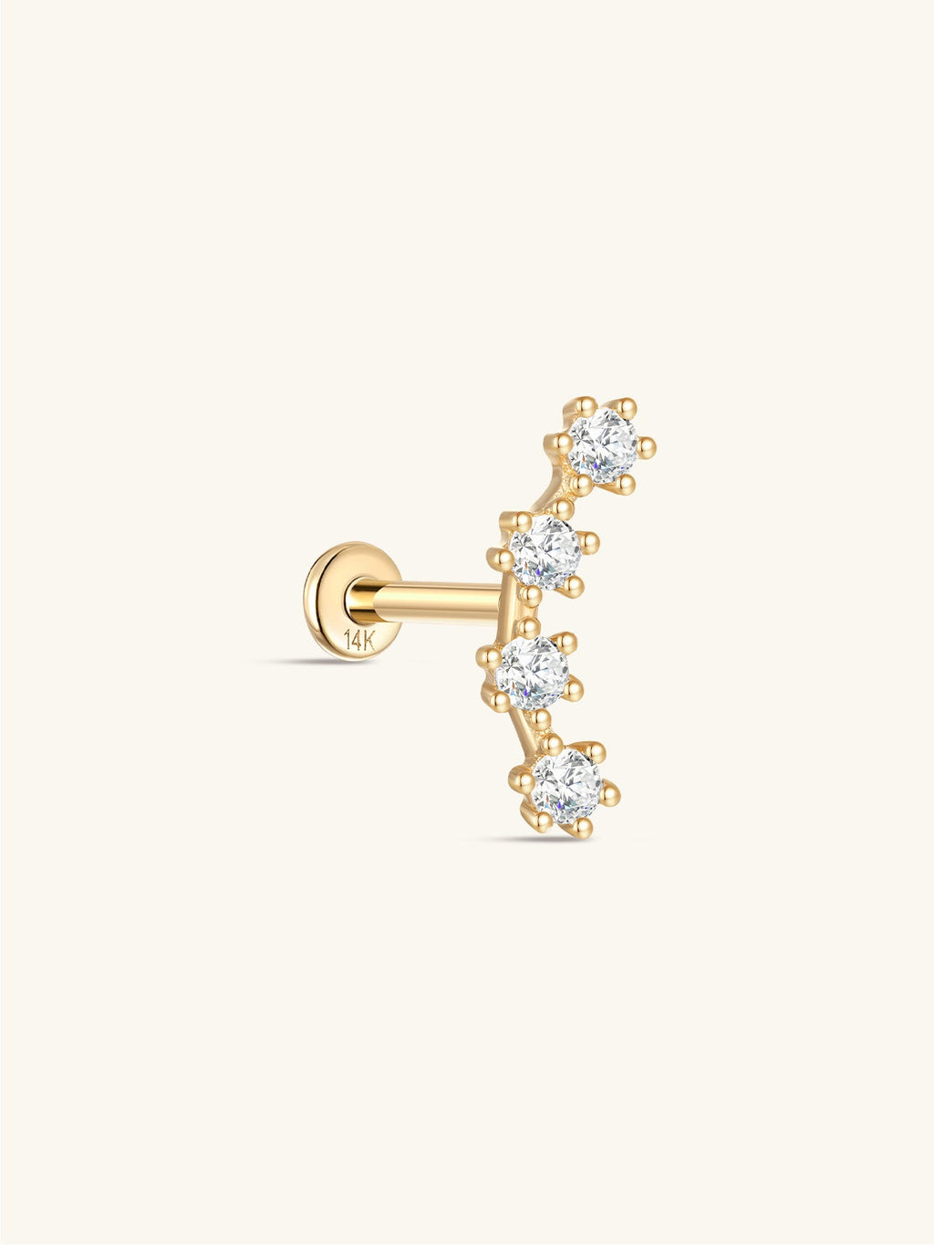 14K Solid Gold Curved Zircon Ear Piercing Stud