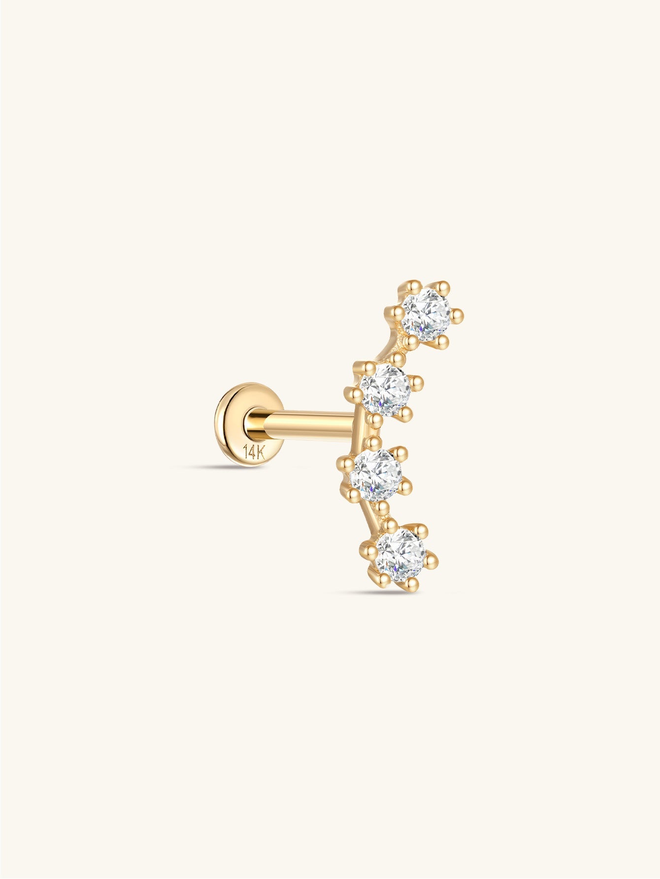 14K Solid Gold Curved Zircon Ear Piercing Stud