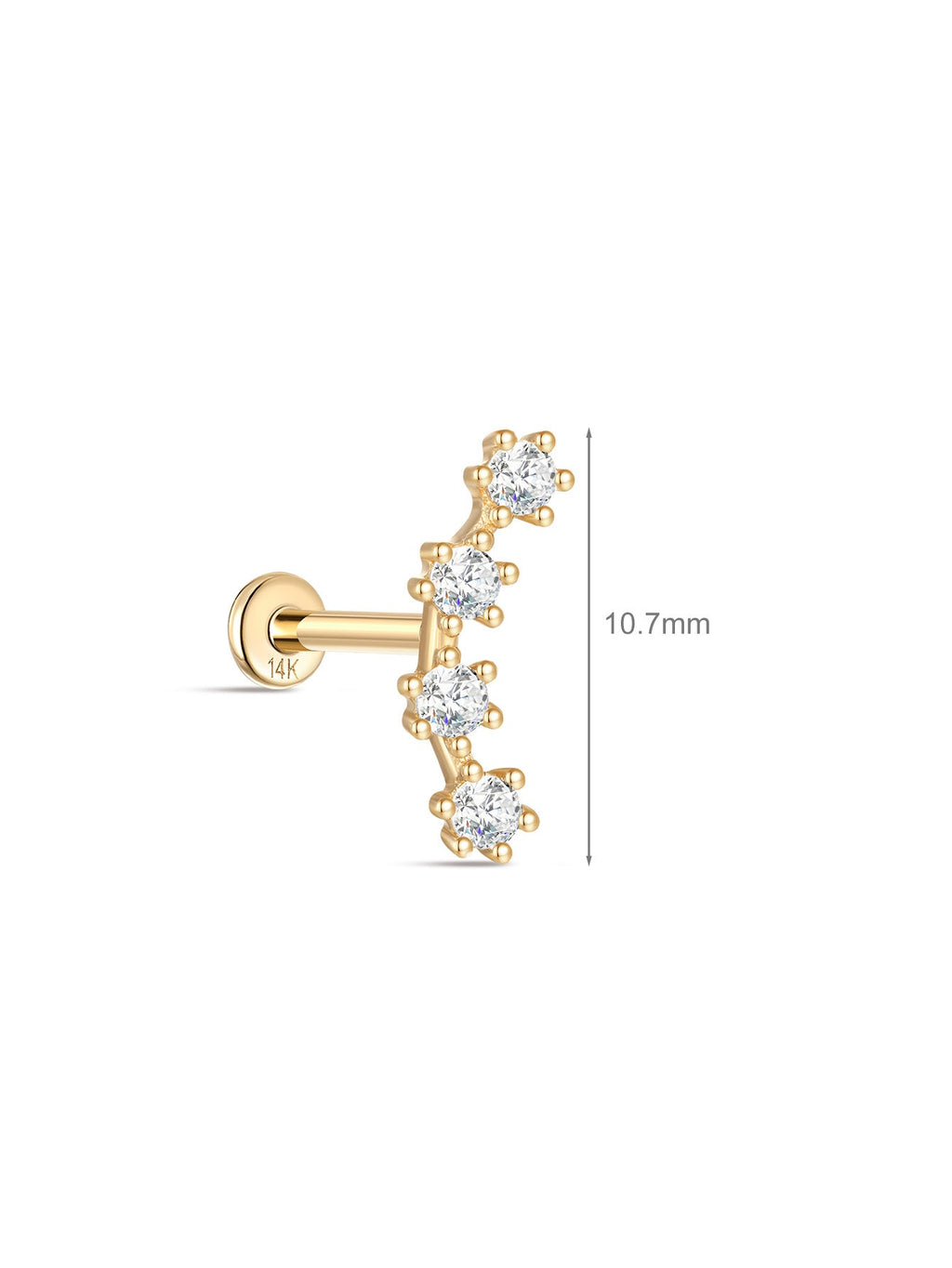 14K Solid Gold Curved Zircon Ear Piercing Stud
