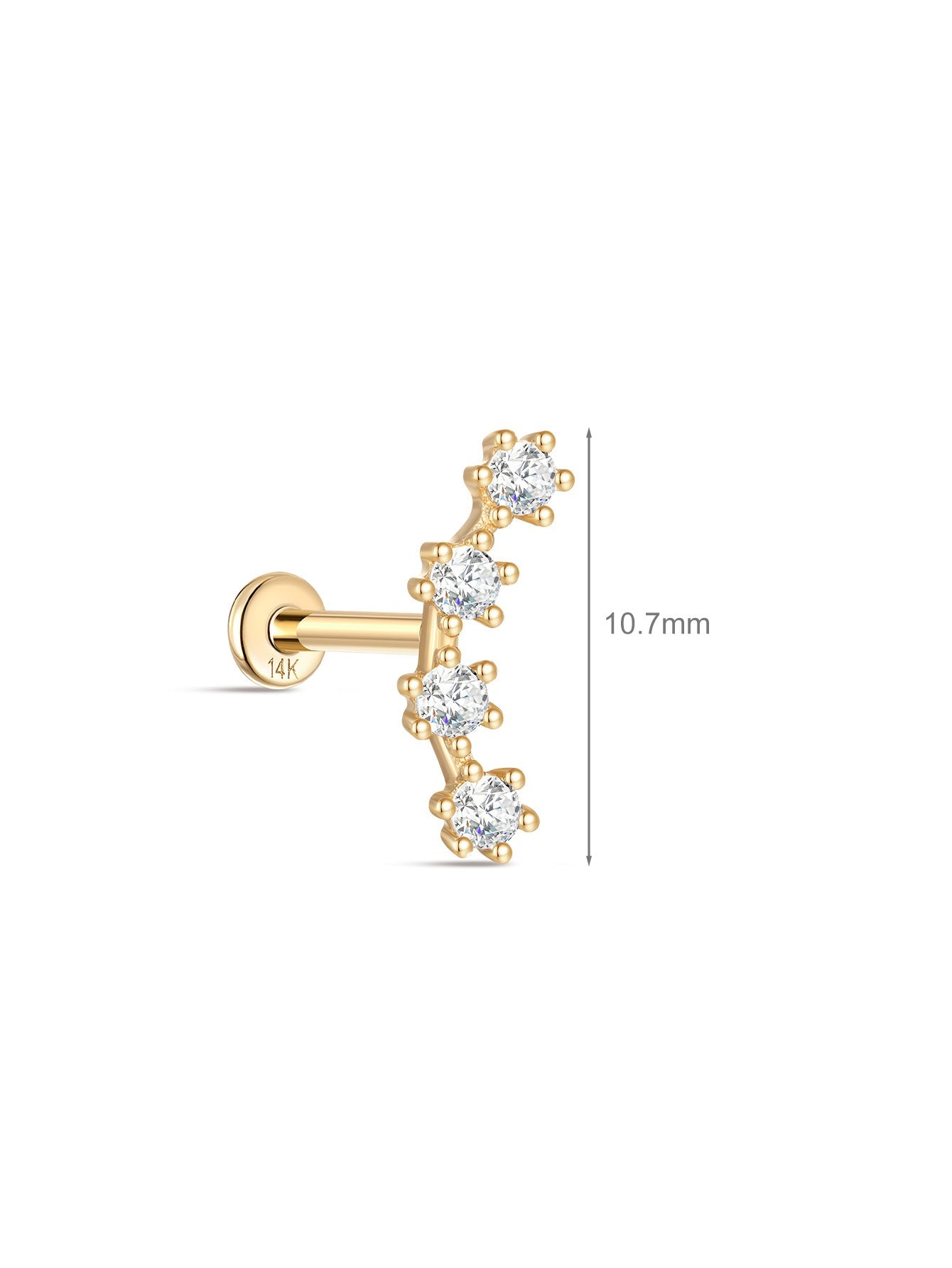 14K Solid Gold Curved Zircon Ear Piercing Stud