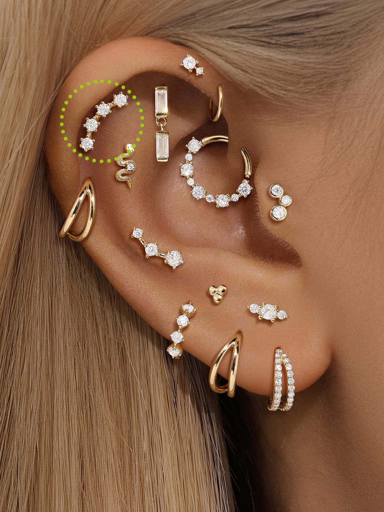 14K Solid Gold Curved Zircon Ear Piercing Stud