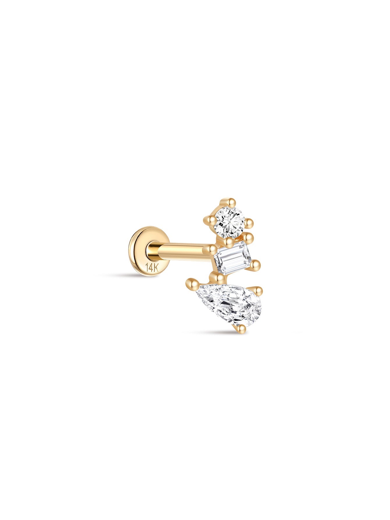 14K Solid Gold Irregular Zircon Trio Ear Studs
