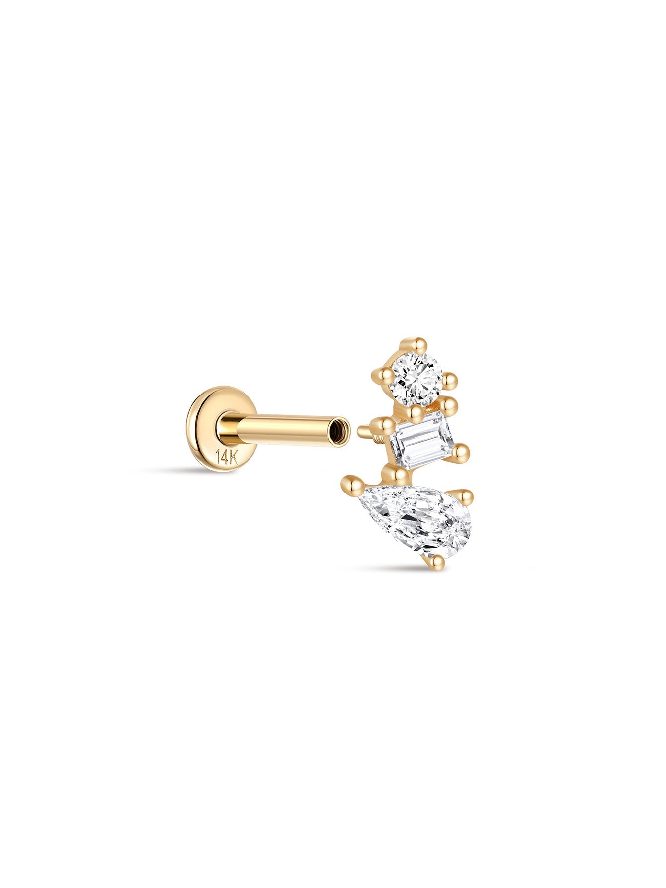 14K Solid Gold Irregular Zircon Trio Ear Studs