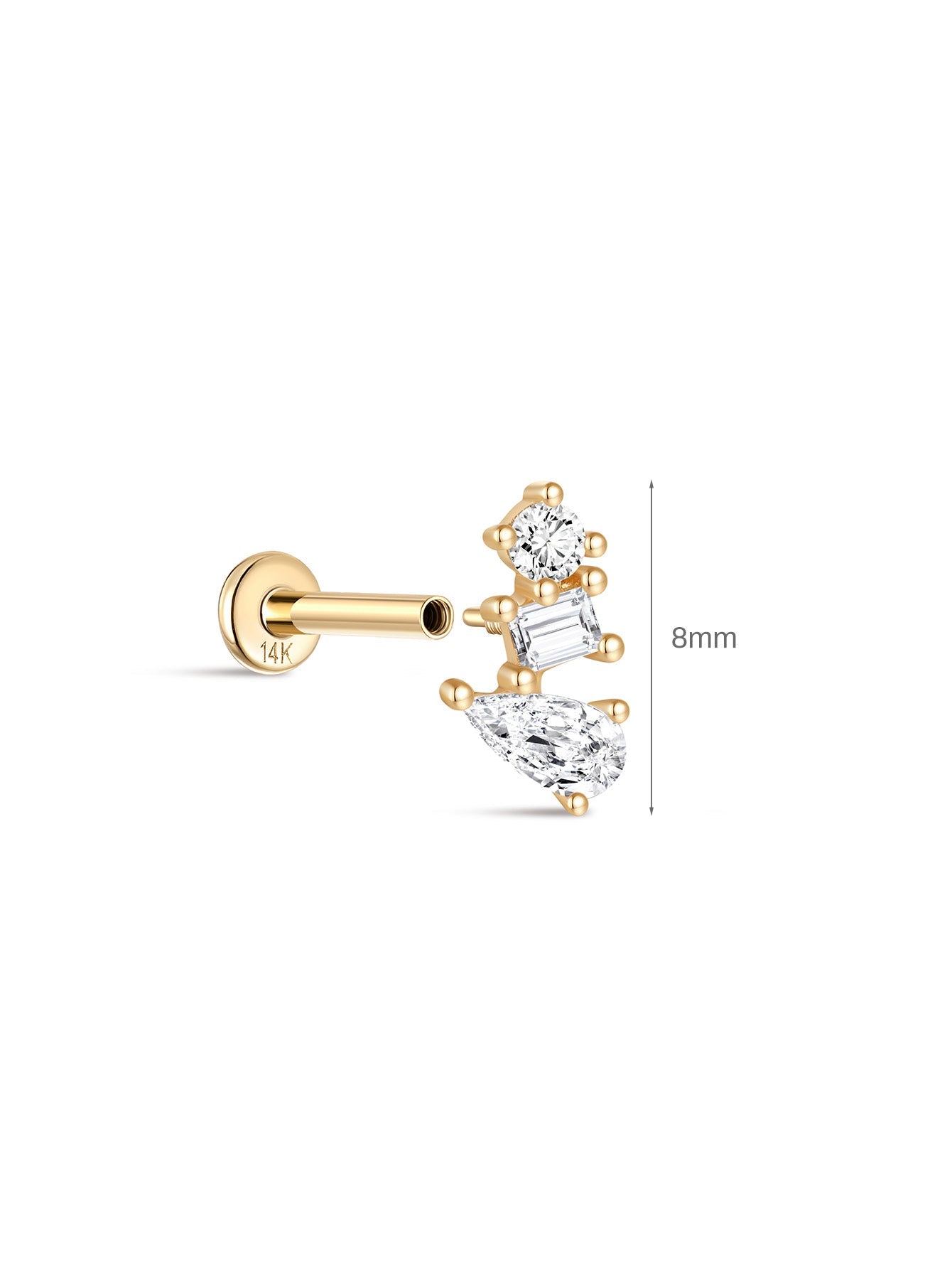 14K Solid Gold Irregular Zircon Trio Ear Studs