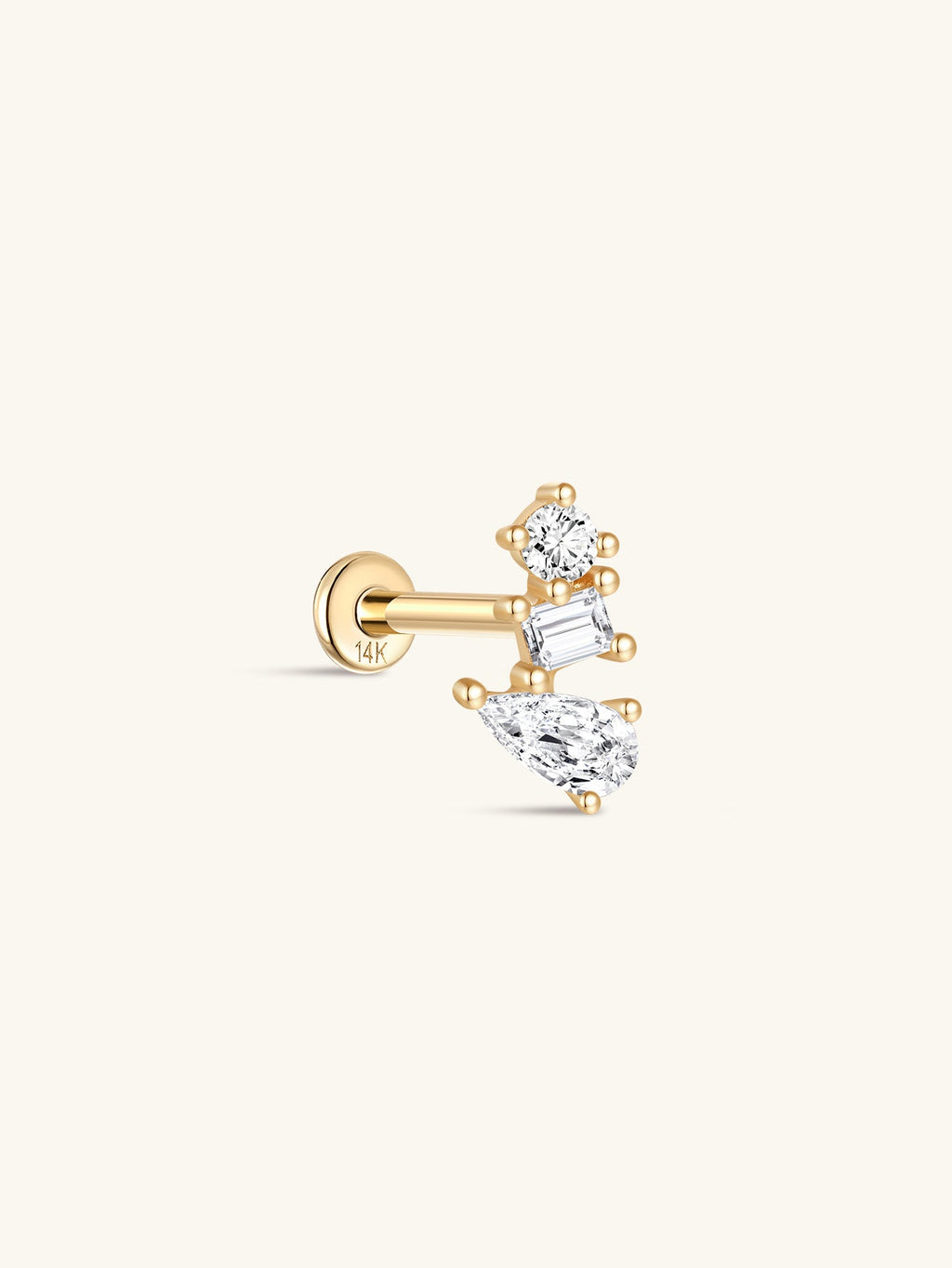 14K Solid Gold Irregular Zircon Trio Ear Studs