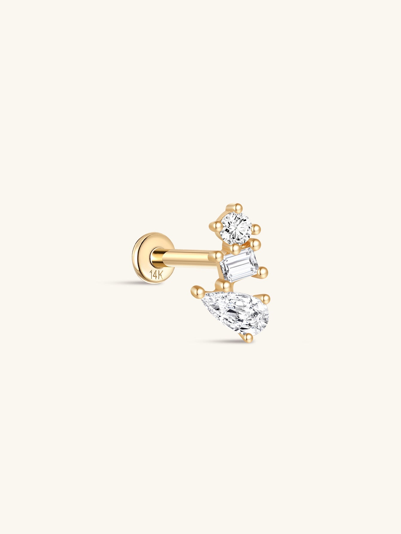 14K Solid Gold Irregular Zircon Trio Ear Studs