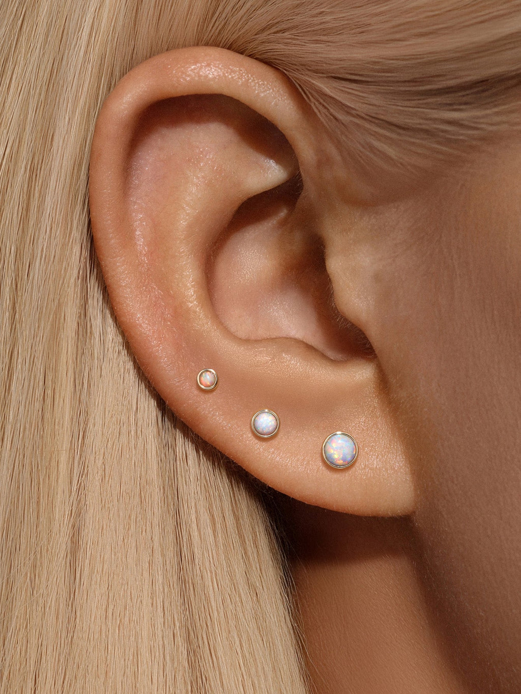 14K Solid Gold Opal Ear Studs for Piercing