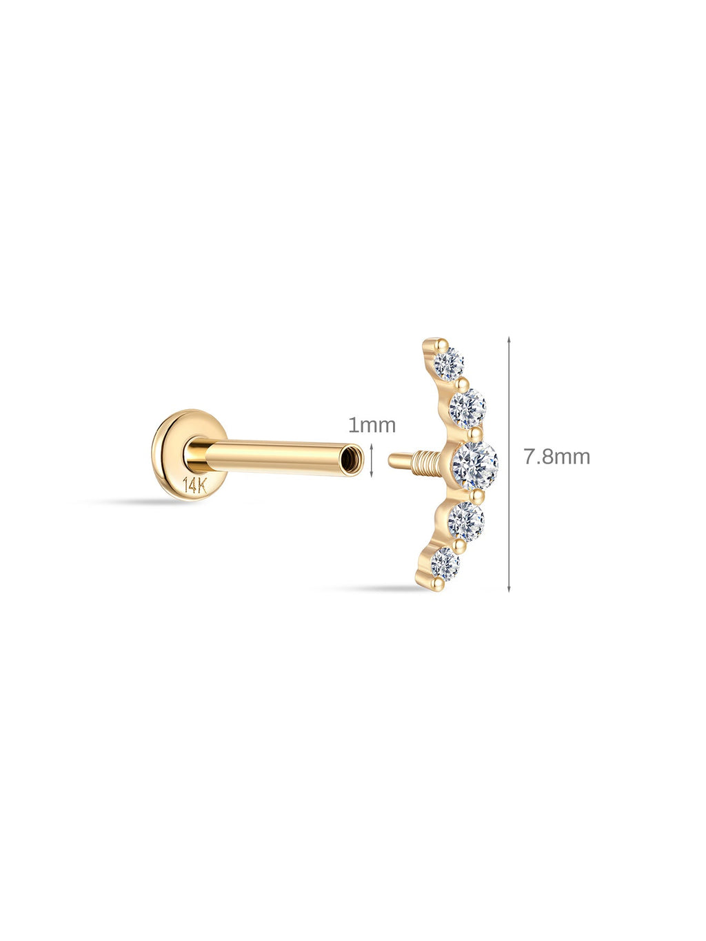 14K Solid Gold Pave Crescent Ear Stud for Piercing