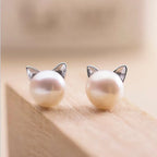 Pearl Earrings with Sterling Silver Cat Design