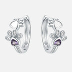 Heart-Shaped Gemstone Silver Earrings with Paw Print and Zirconia Accents