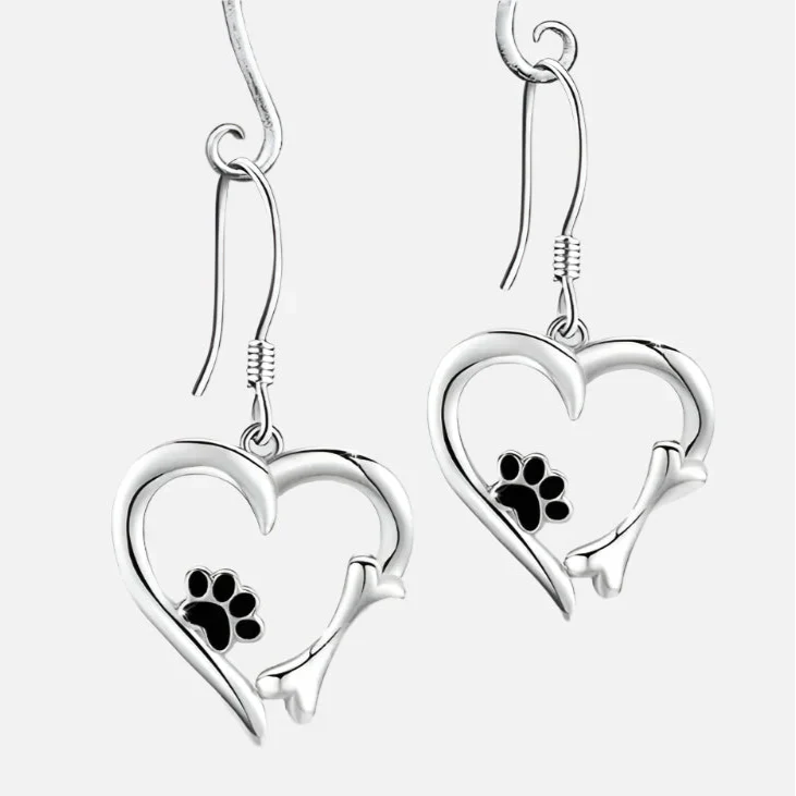 Heart and Paw Print Motif Silver Dangle Earrings