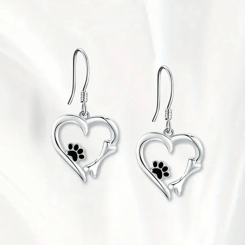 Heart and Paw Print Motif Silver Dangle Earrings