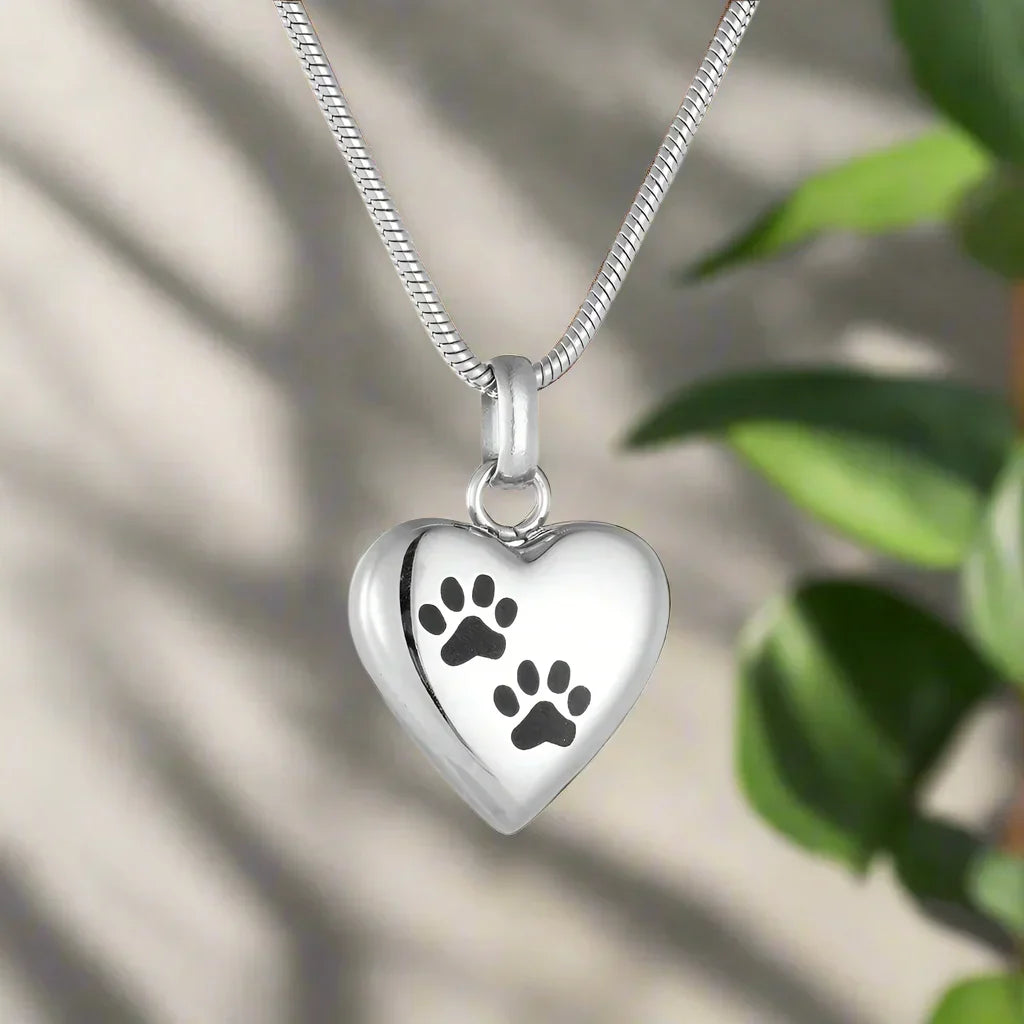 Heart-Shaped Paw Print Pet Memorial Necklace
