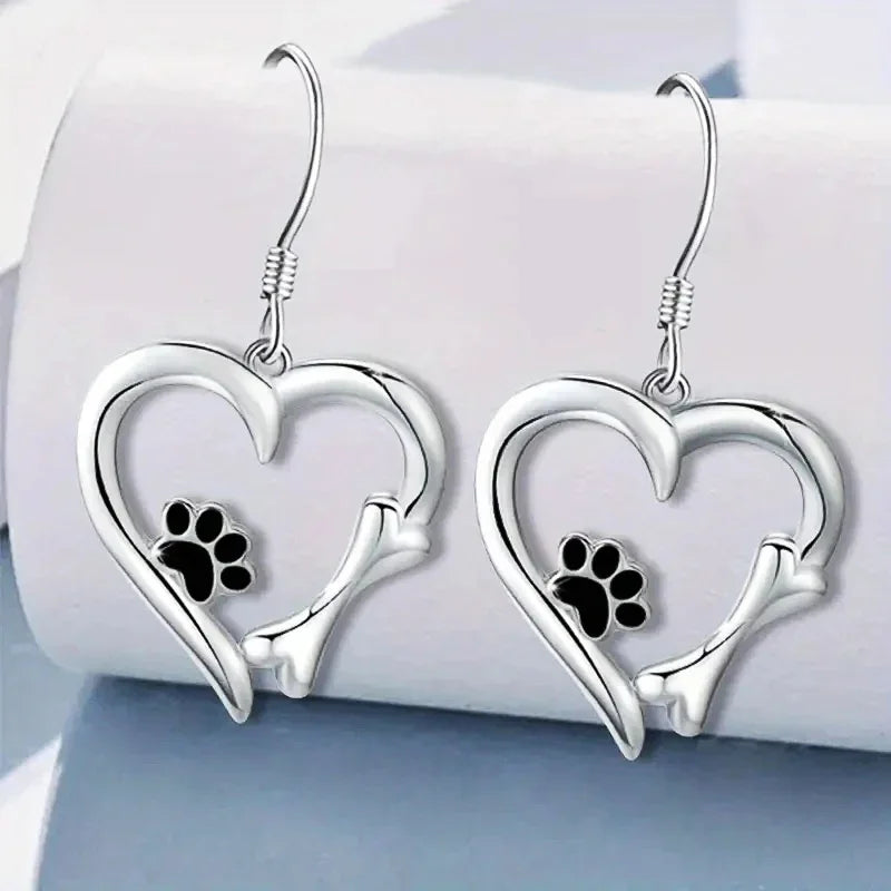 Heart and Paw Print Motif Silver Dangle Earrings