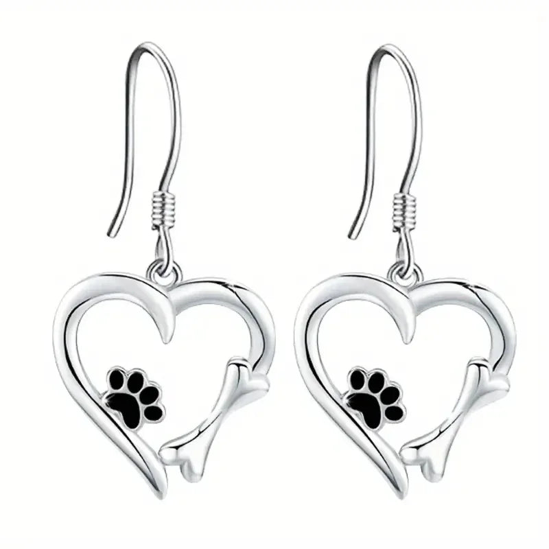 Heart and Paw Print Motif Silver Dangle Earrings