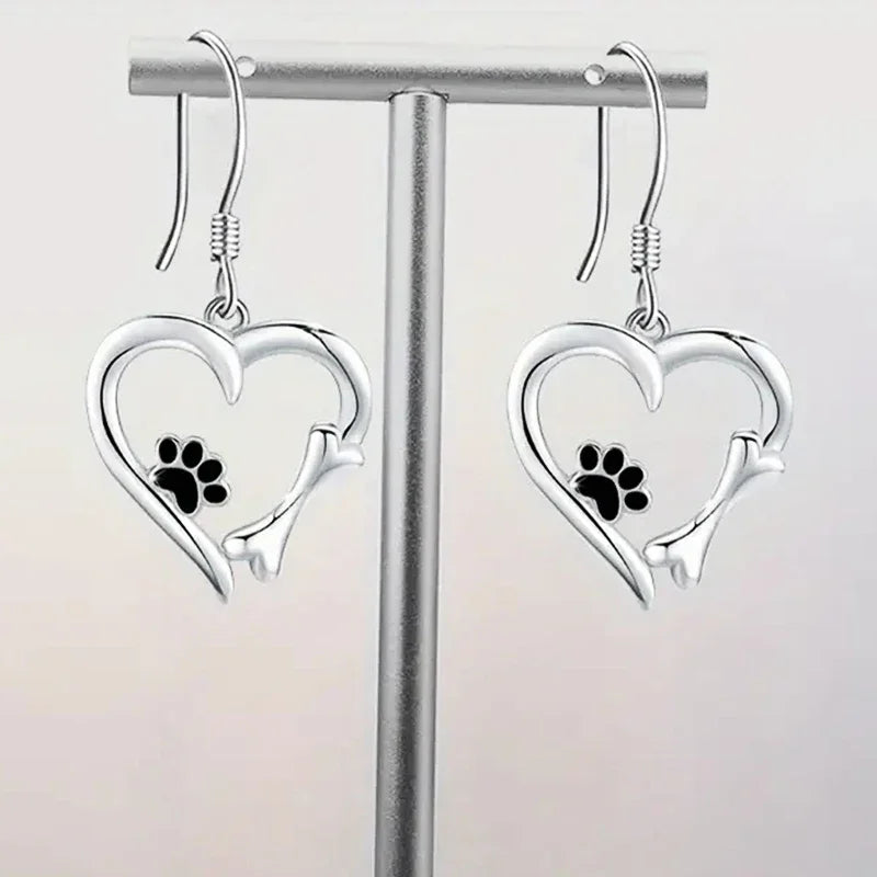 Heart and Paw Print Motif Silver Dangle Earrings