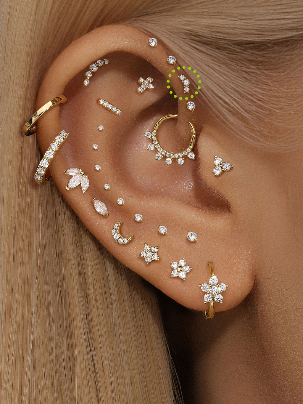 14K Solid Gold Pave Curved Ear Stud for Piercing