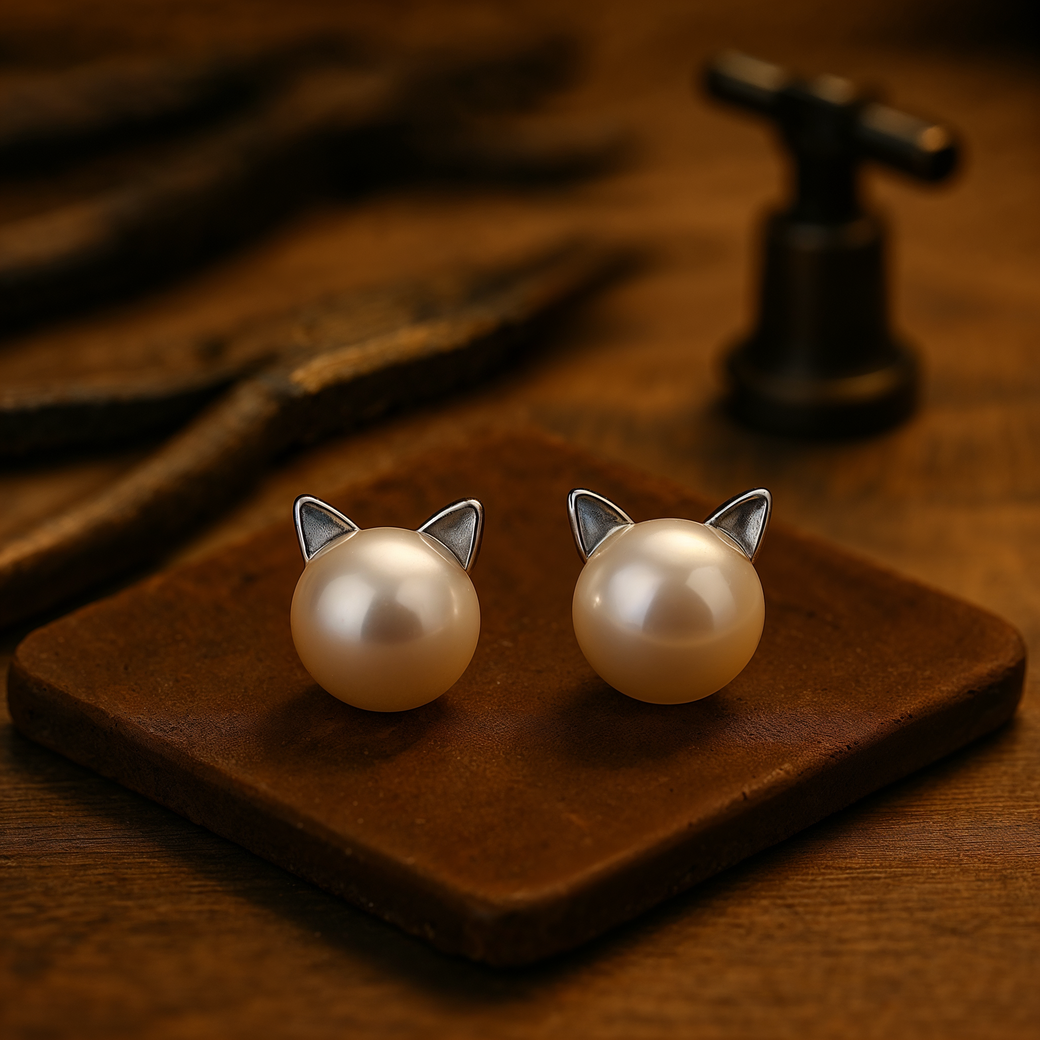 Pearl Earrings with Sterling Silver Cat Design