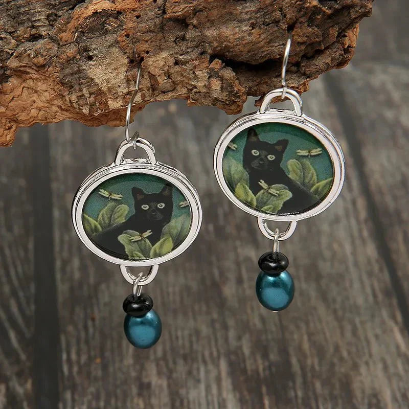 Retro Tropical Black Cat Earrings