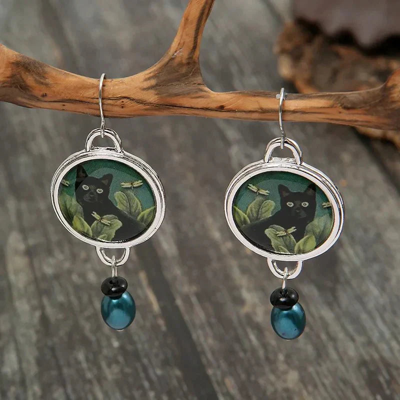 Retro Tropical Black Cat Earrings