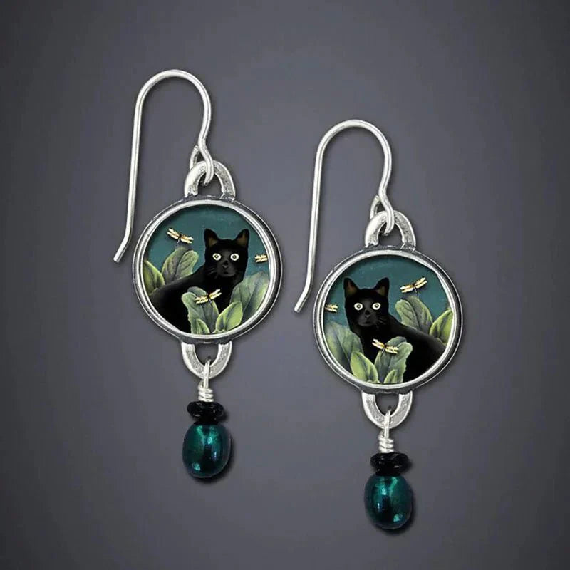 Retro Tropical Black Cat Earrings