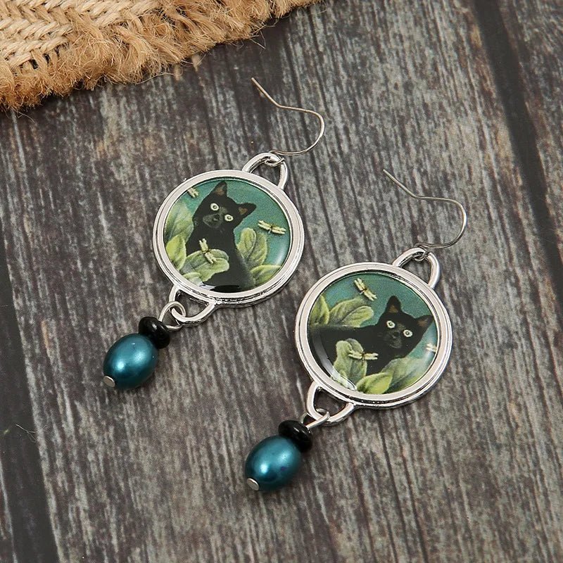 Retro Tropical Black Cat Earrings